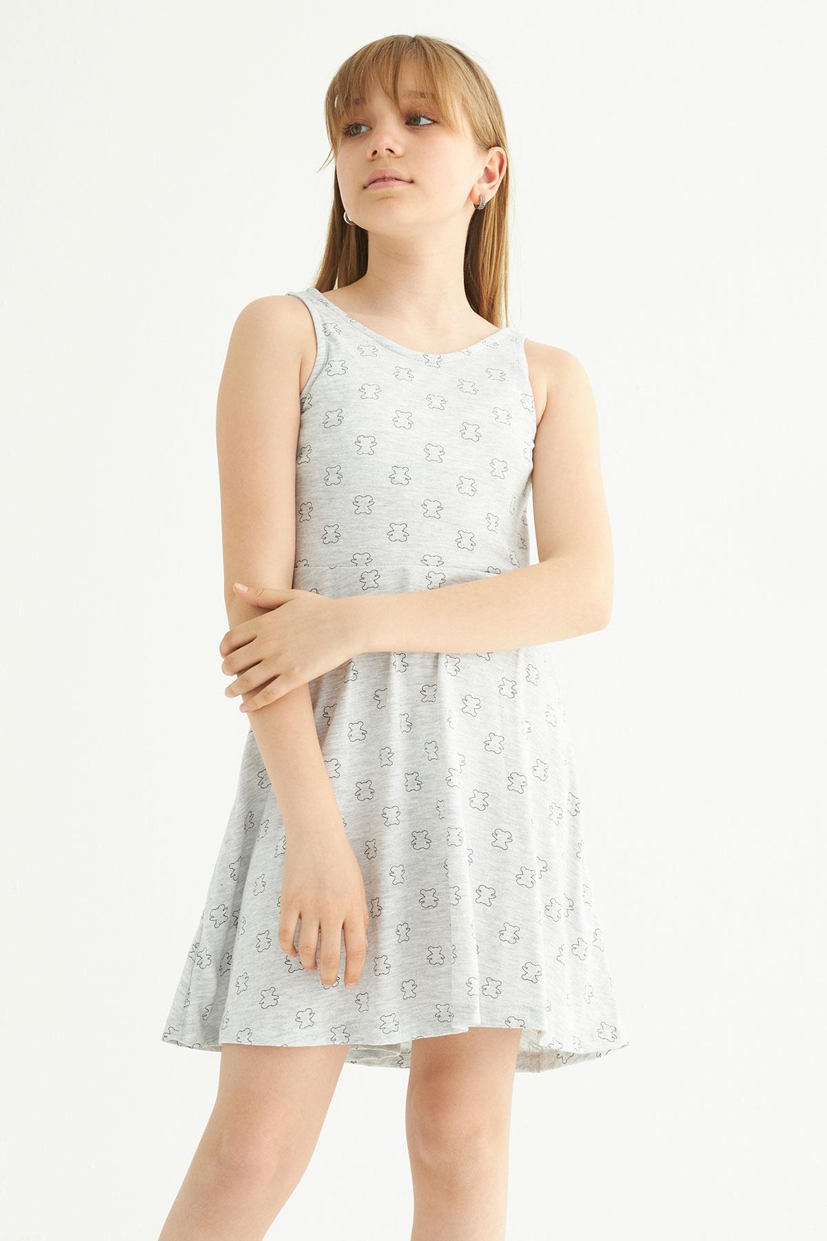 Yuvarlak Yaka Sıfır Kol Ayicik Metraj - Grimelanj Renk Kız Çocuk Elbıse