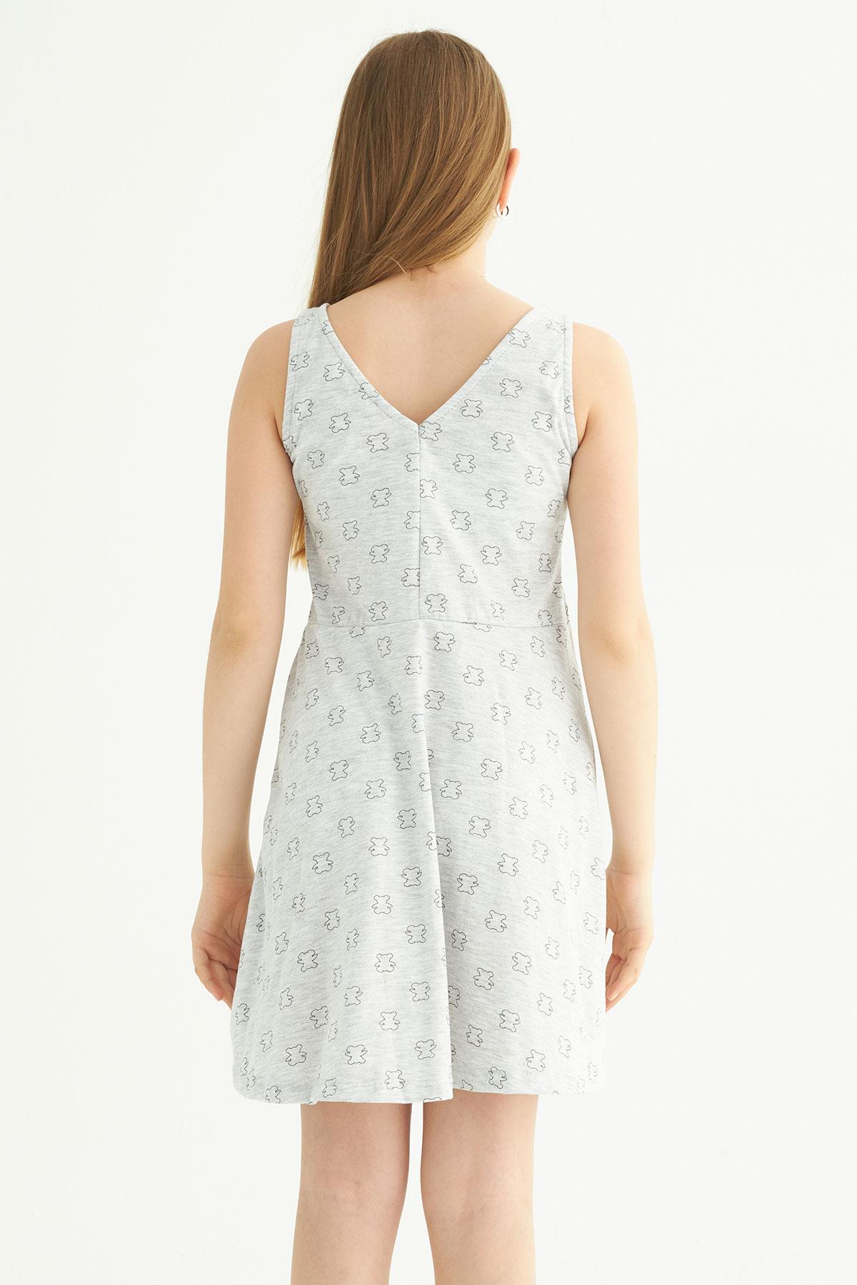 Yuvarlak Yaka Sıfır Kol Ayicik Metraj - Grimelanj Renk Kız Çocuk Elbıse