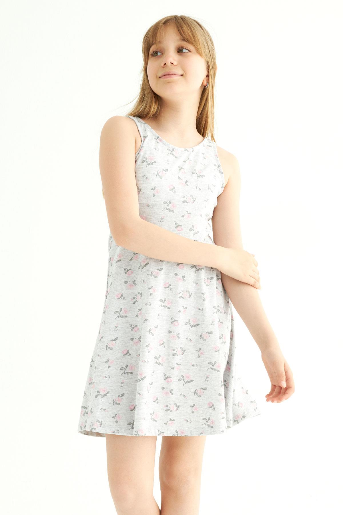 Yuvarlak Yaka Sıfır Kol Gül Metraj - Grimelanj Renk Kız Çocuk Elbıse