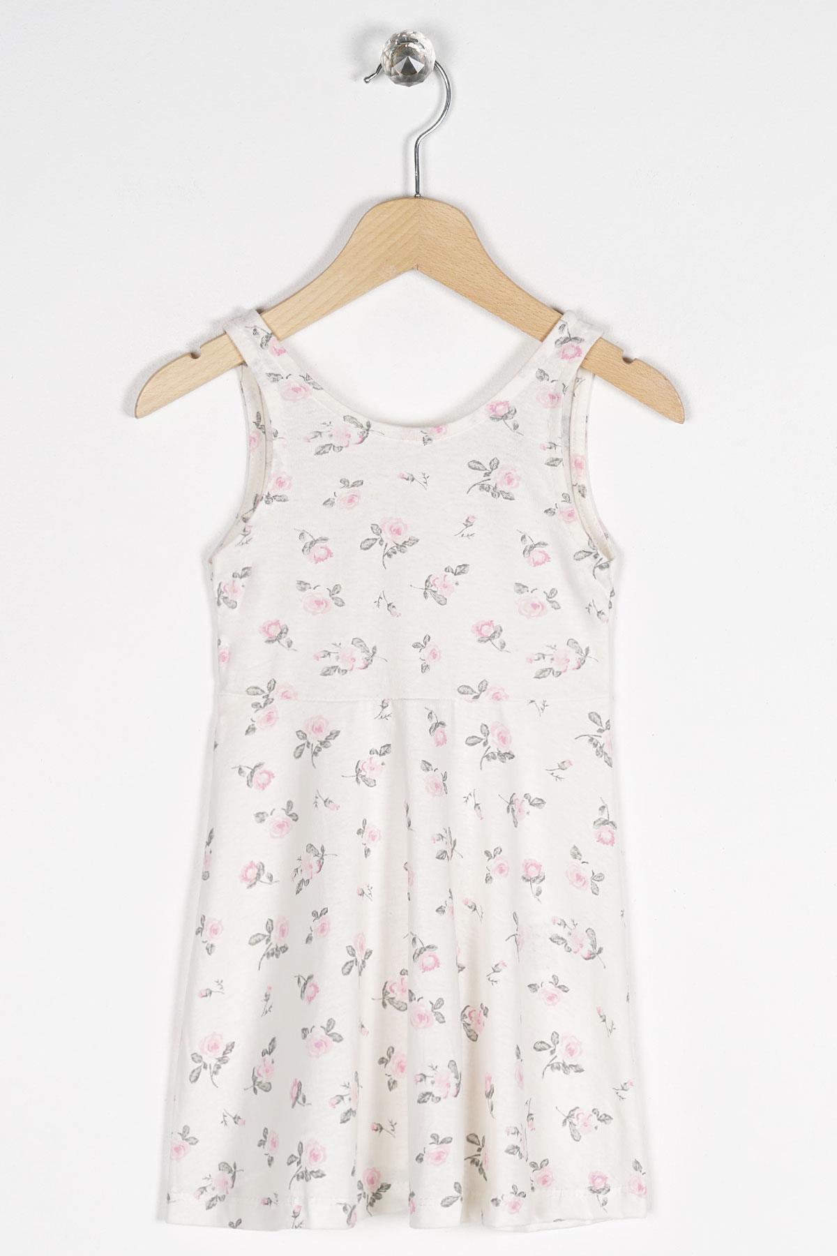 Yuvarlak Yaka Sıfır Kol Gül Metraj - Beyaz Renk Kız Çocuk Elbıse