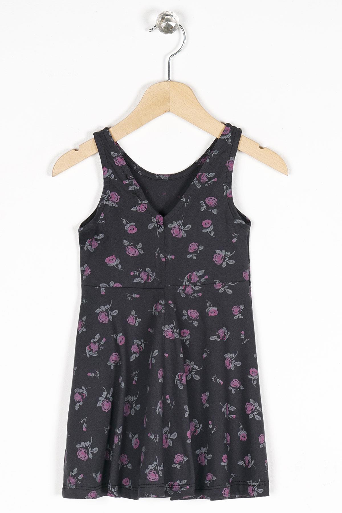 Yuvarlak Yaka Sıfır Kol Gül Metraj - Siyah Renk Kız Çocuk Elbıse