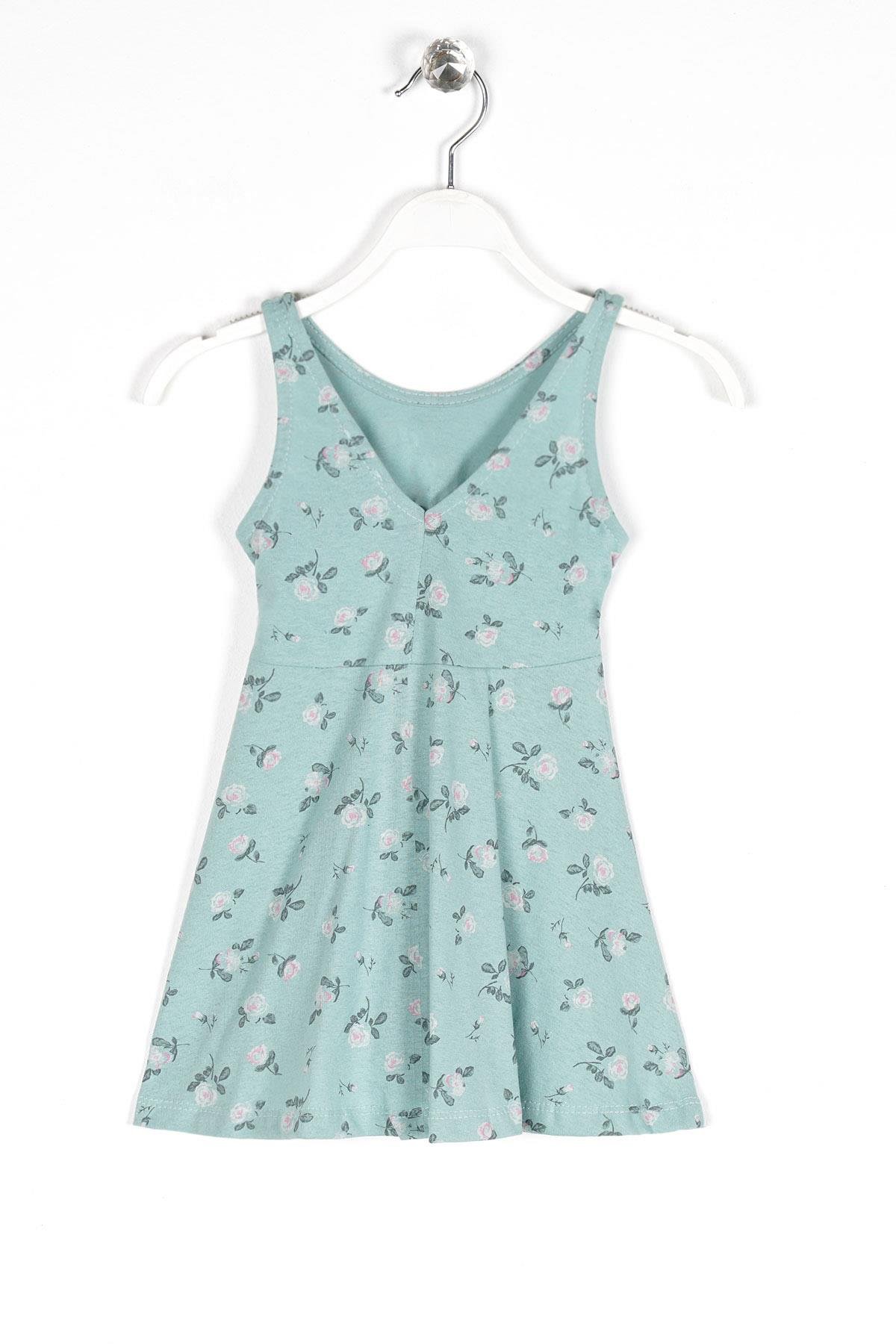 Yuvarlak Yaka Sıfır Kol Gül Metraj - Su Yeşili Renk Kız Çocuk Elbıse
