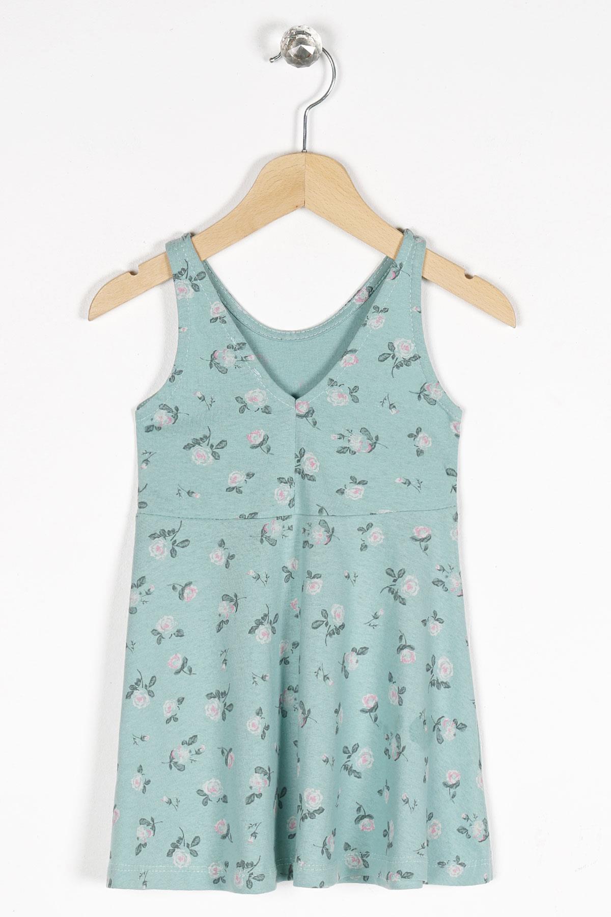 Yuvarlak Yaka Sıfır Kol Gül Metraj - Su Yeşili Renk Kız Çocuk Elbıse