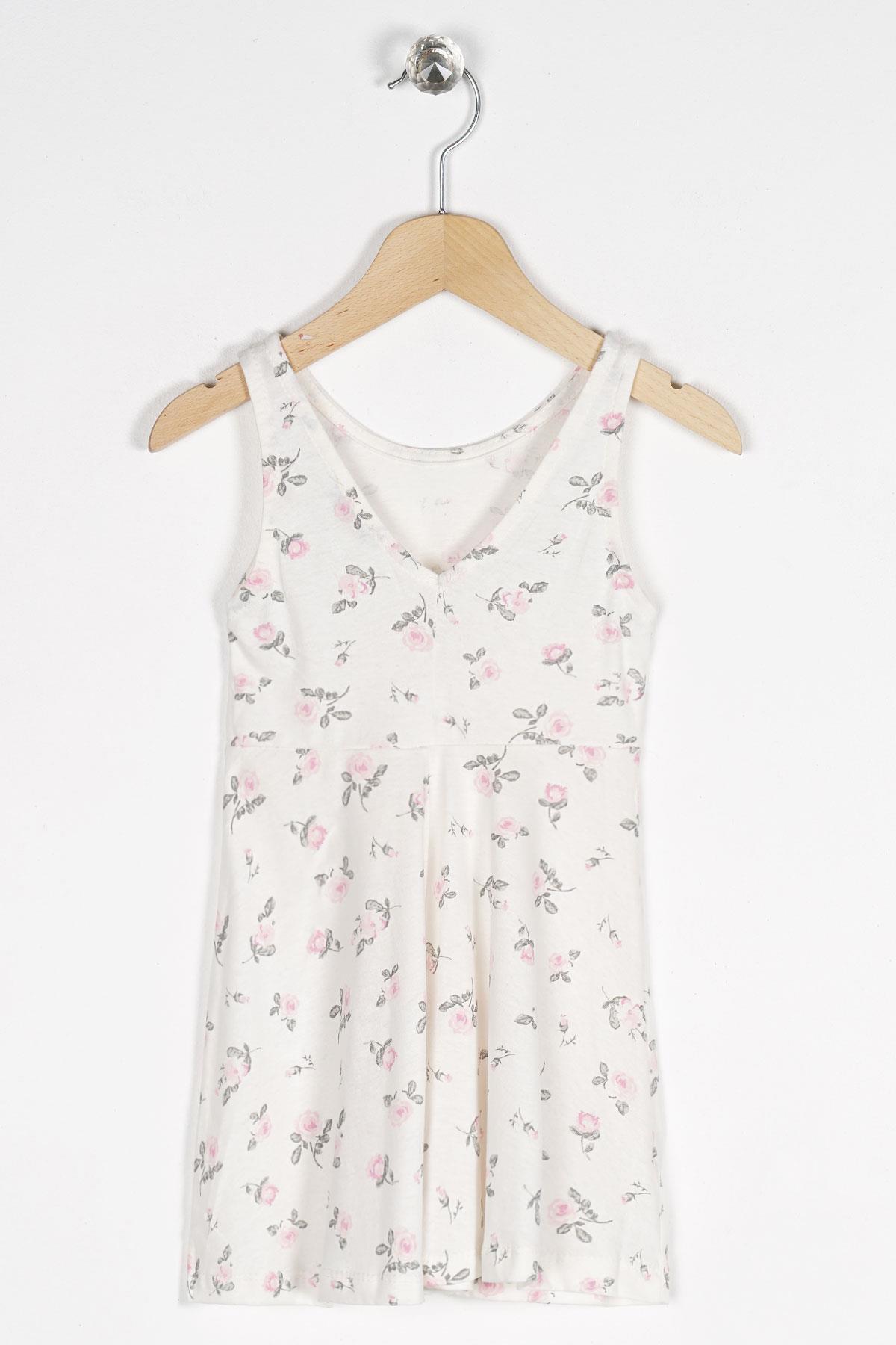 Yuvarlak Yaka Sıfır Kol Gül Metraj - Beyaz Renk Kız Çocuk Elbıse