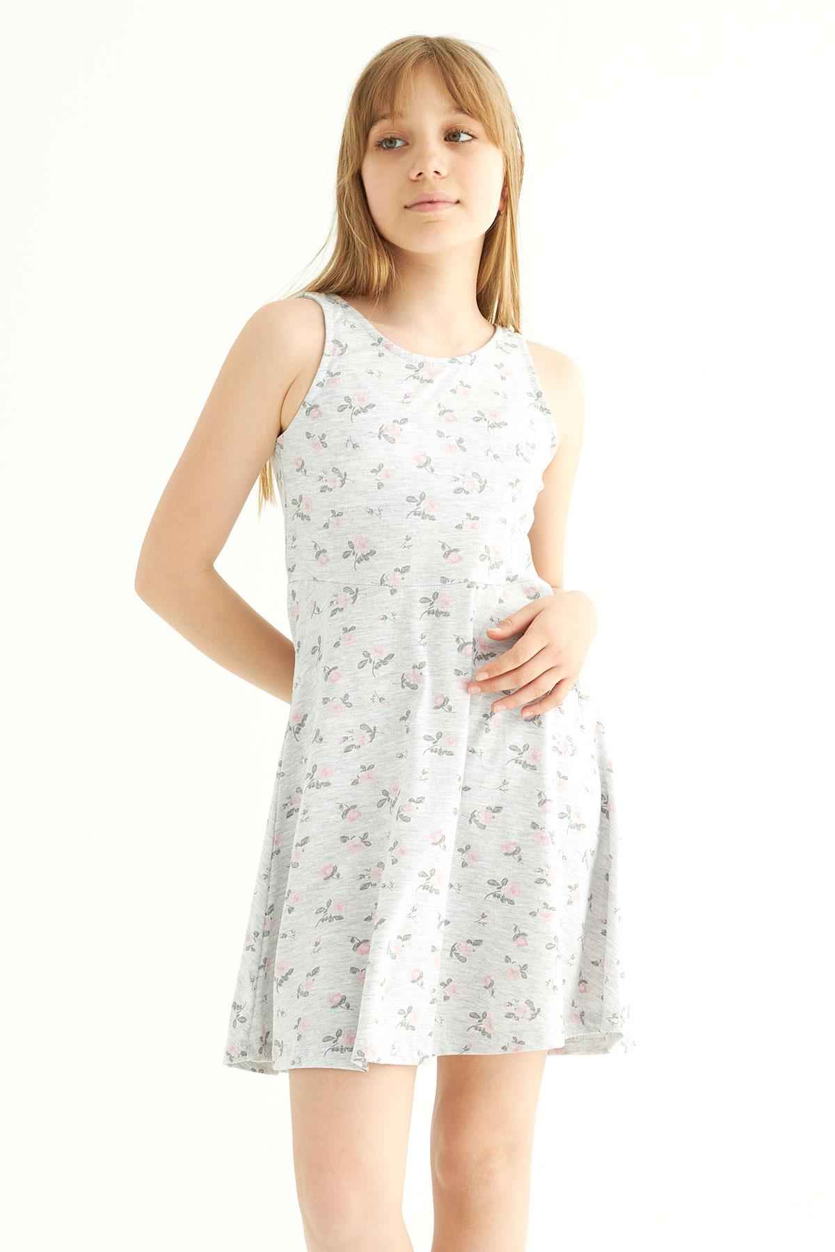 Yuvarlak Yaka Sıfır Kol Gül Metraj - Grimelanj Renk Kız Çocuk Elbıse