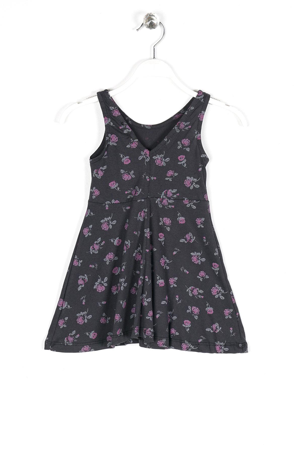 Yuvarlak Yaka Sıfır Kol Gül Metraj - Siyah Renk Kız Çocuk Elbıse