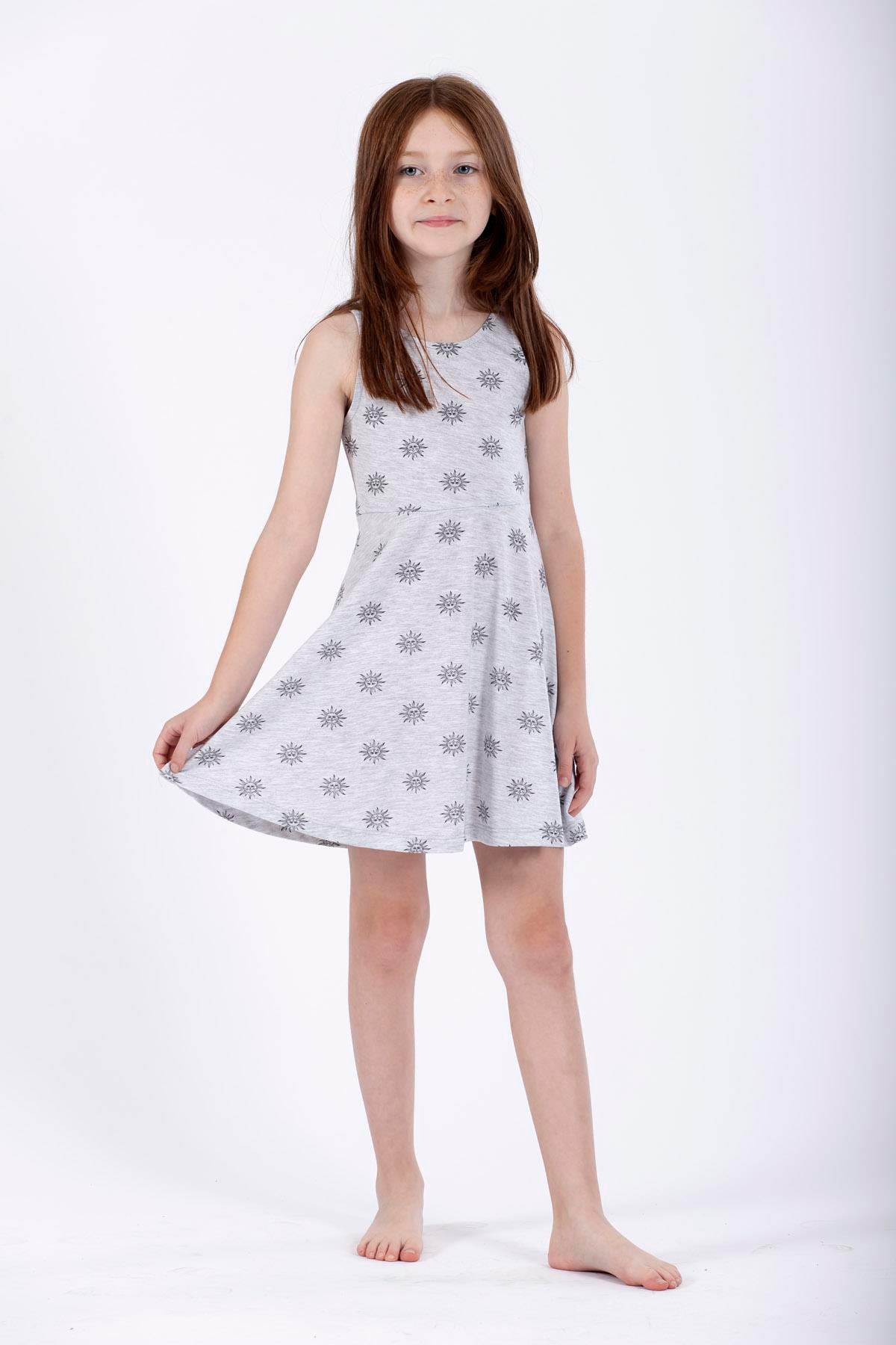 Yuvarlak Yaka Sıfır Kol Güneş Metraj - Grimelanj Renk Kız Çocuk Elbıse