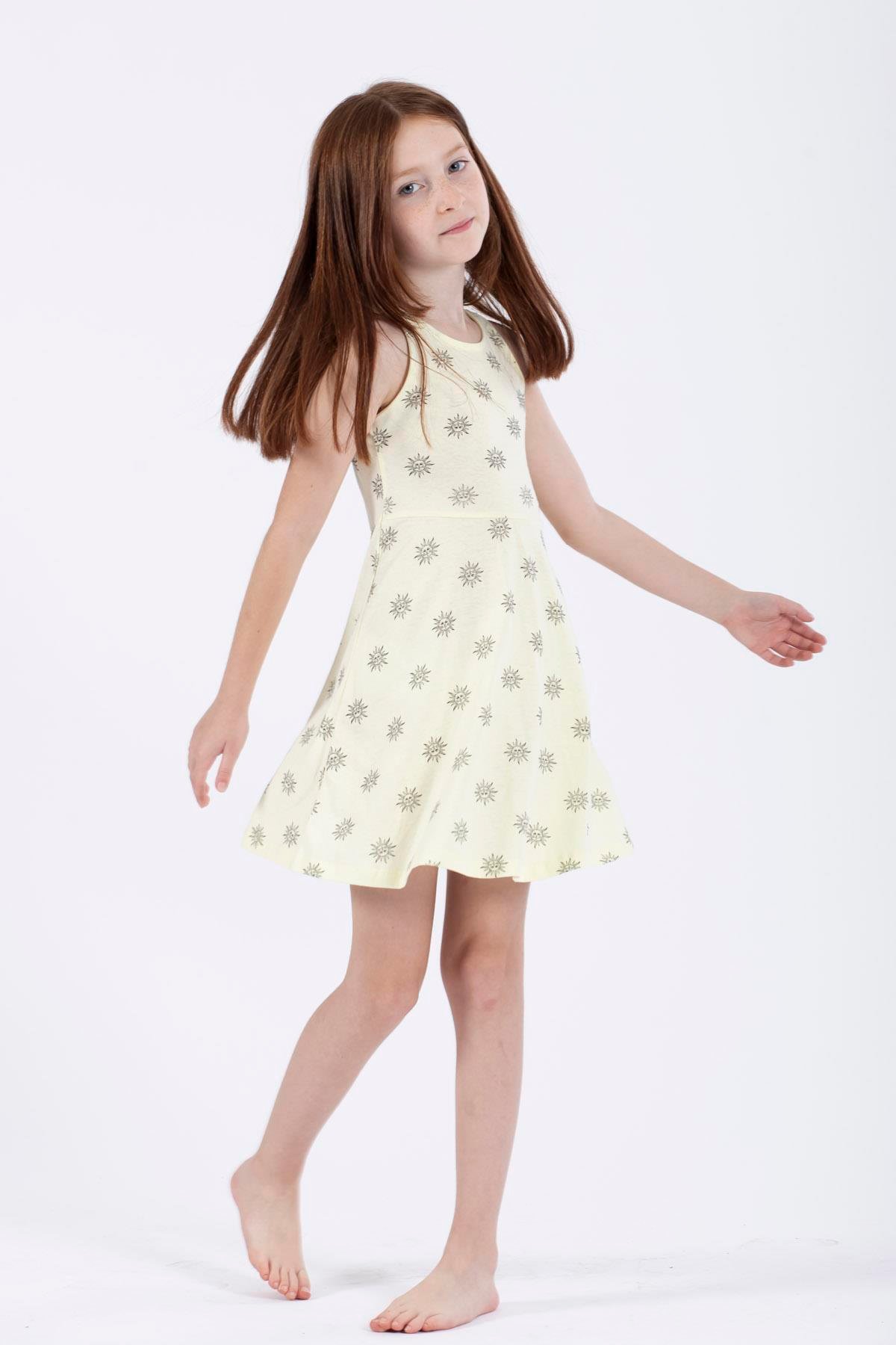 Yuvarlak Yaka Sıfır Kol Güneş Metraj - Sarı Renk Kız Çocuk Elbıse