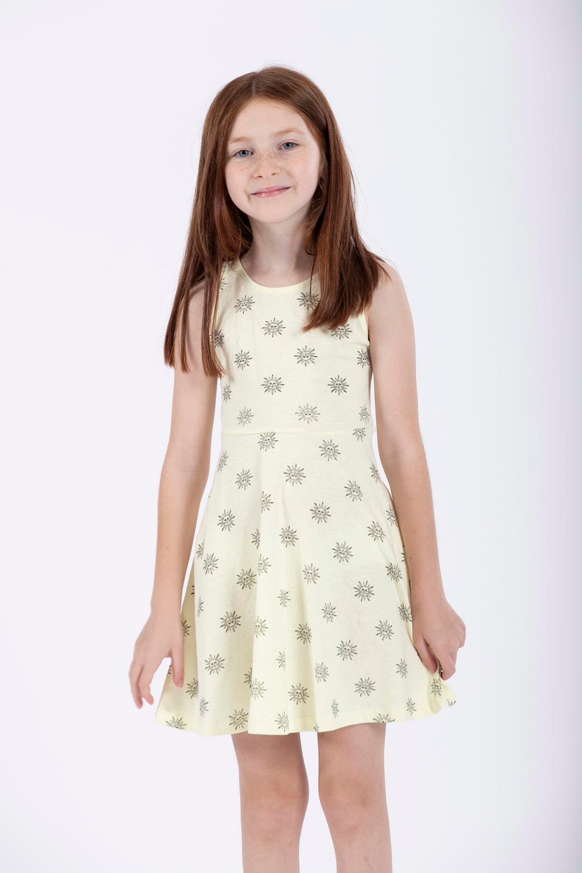 Yuvarlak Yaka Sıfır Kol Güneş Metraj - Sarı Renk Kız Çocuk Elbıse