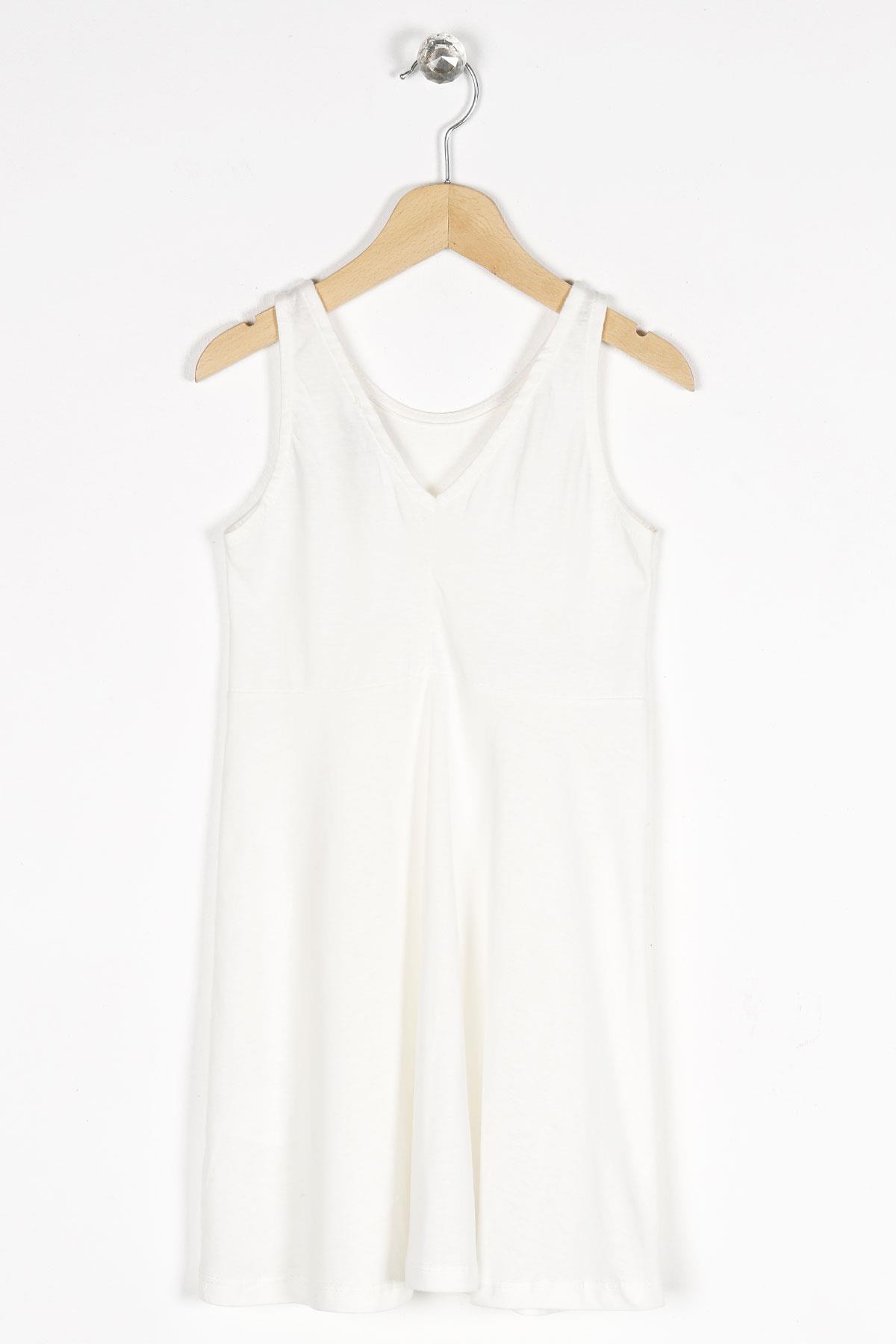 Yuvarlak Yaka Sıfır Kol Tedy Baskılı - Beyaz Renk Kız Çocuk Elbıse