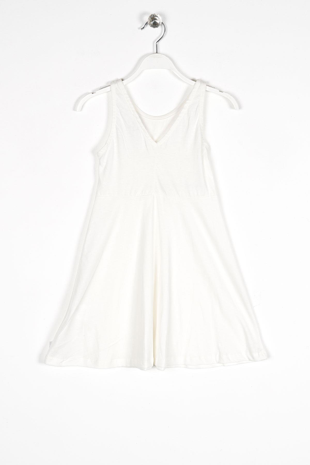 Yuvarlak Yaka Sıfır Kol Tedy Baskılı - Beyaz Renk Kız Çocuk Elbıse