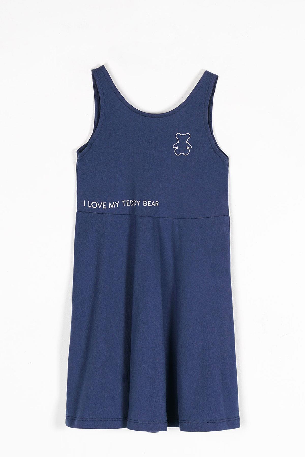 Yuvarlak Yaka Sıfır Kol Tedy Baskılı - Lacivert Renk Kız Çocuk Elbıse
