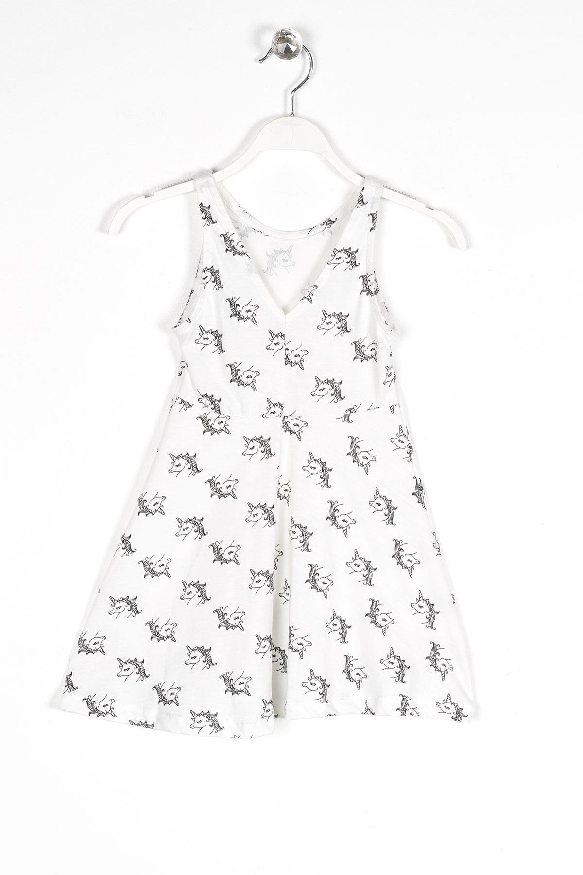 Yuvarlak Yaka Sıfır Kol Unicorn Metraj - Beyaz Renk Kız Çocuk Elbıse