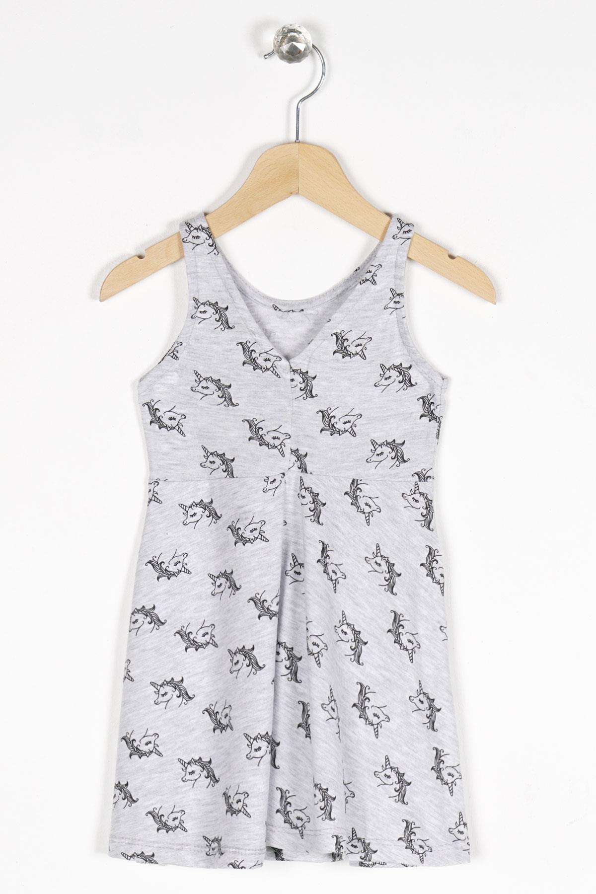 Yuvarlak Yaka Sıfır Kol Unicorn Metraj - Grimelanj Renk Kız Çocuk Elbıse