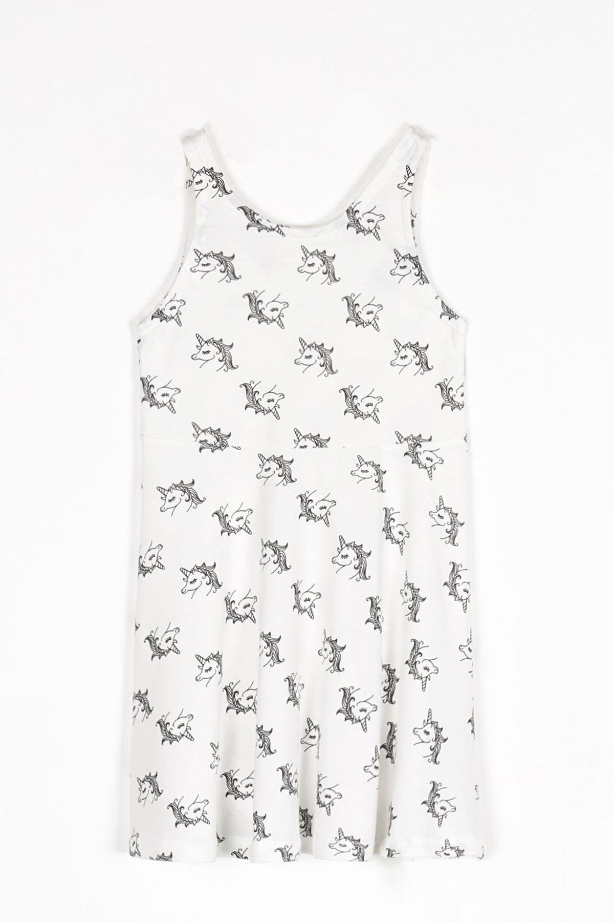 Yuvarlak Yaka Sıfır Kol Unicorn Metraj - Beyaz Renk Kız Çocuk Elbıse