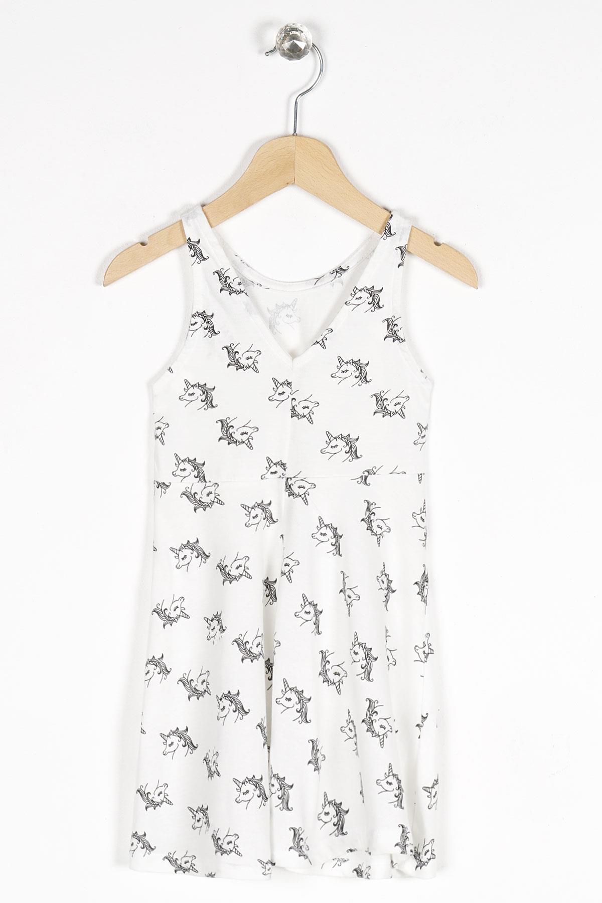 Yuvarlak Yaka Sıfır Kol Unicorn Metraj - Beyaz Renk Kız Çocuk Elbıse