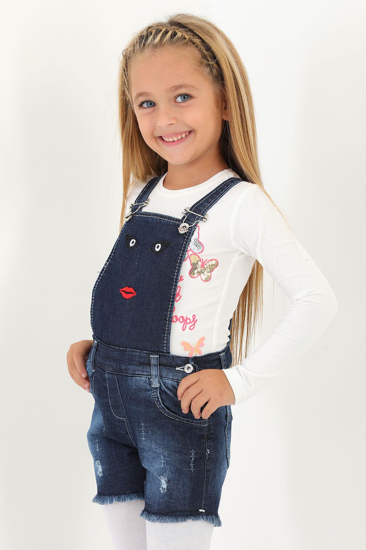 Eleysa 4045 Kız Cocuk 3-7 Yas Yüz Nakışlı Salopet