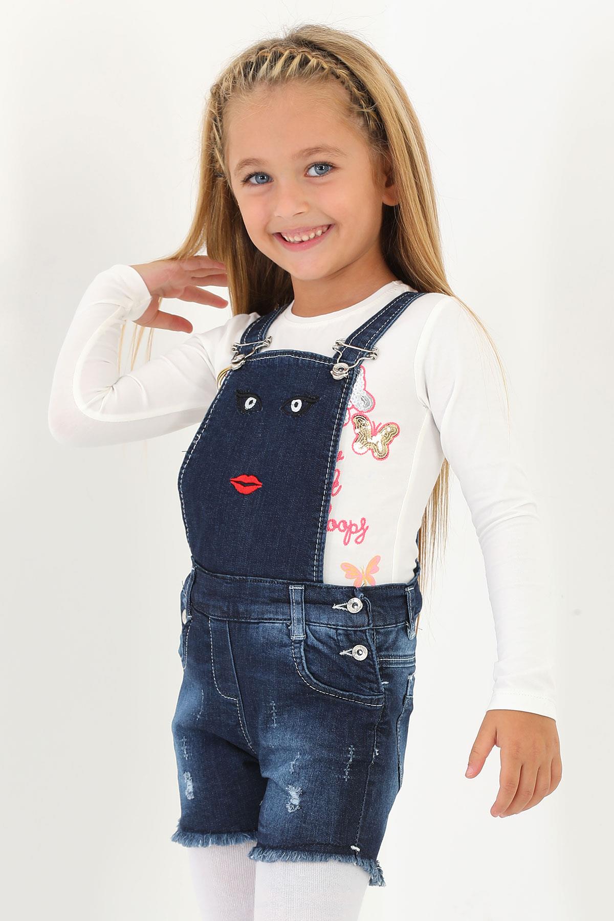 Eleysa 4045 Kız Cocuk 3-7 Yas Yüz Nakışlı Salopet