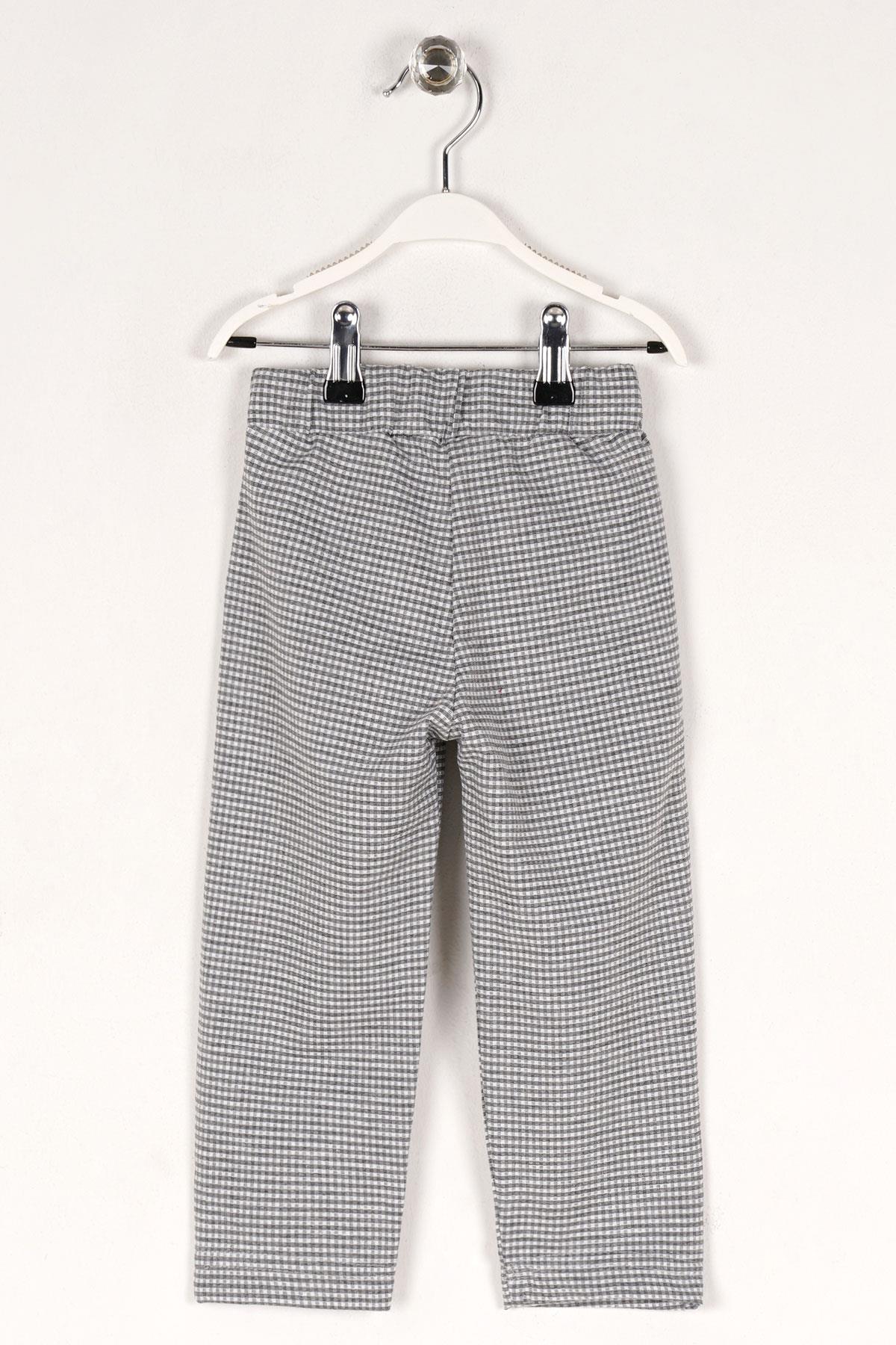 Ekose Desenli Beli Kuşaklı Gri Renk Kız Çocuk Pantolon