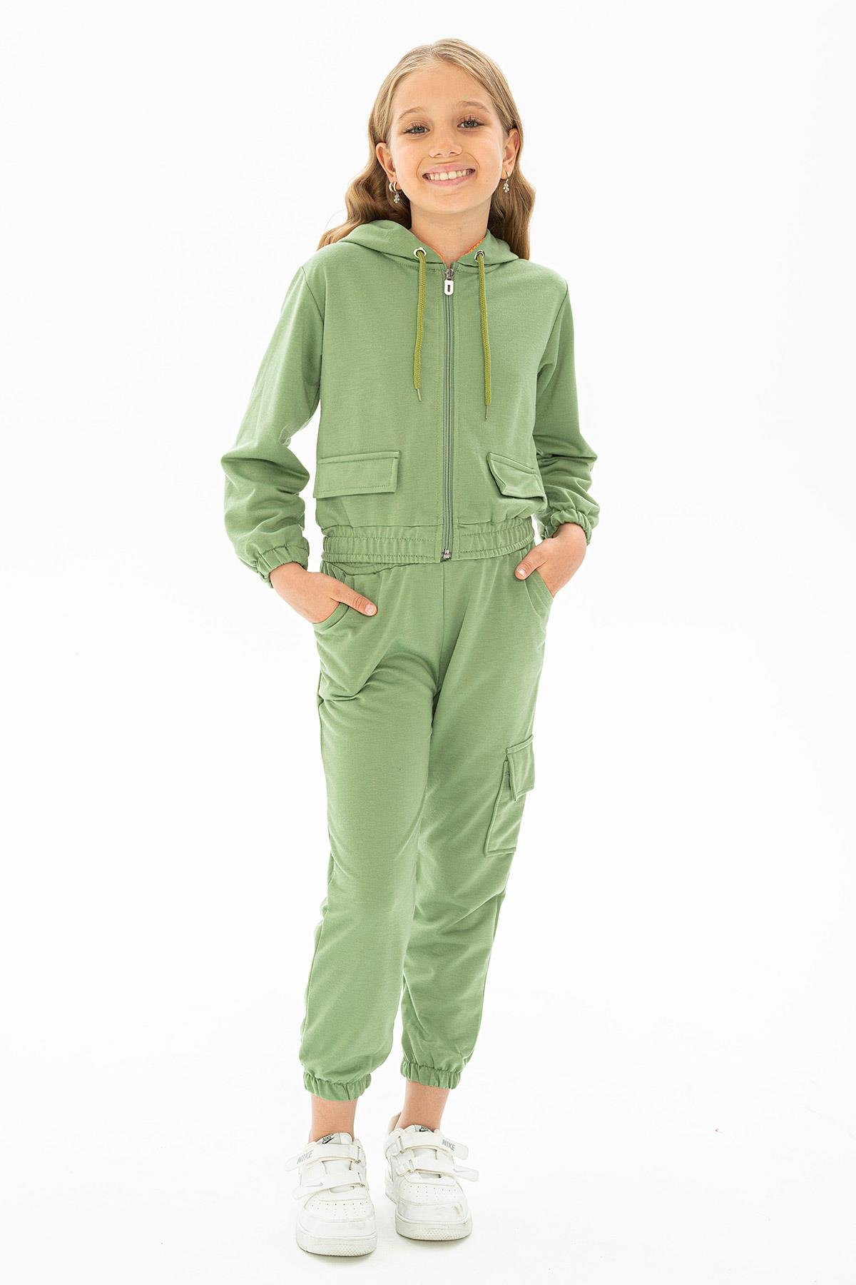 Kapüşonlu Uzun Kol Cagla Yesil Renk Kız Çocuk Esofman Takım