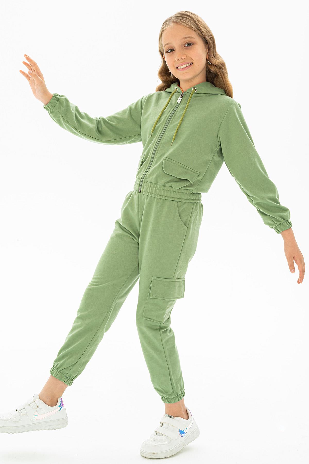 Kapüşonlu Uzun Kol Cagla Yesil Renk Kız Çocuk Esofman Takım