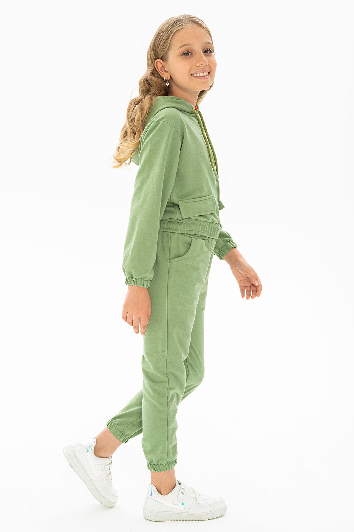 Kapüşonlu Uzun Kol Cagla Yesil Renk Kız Çocuk Esofman Takım