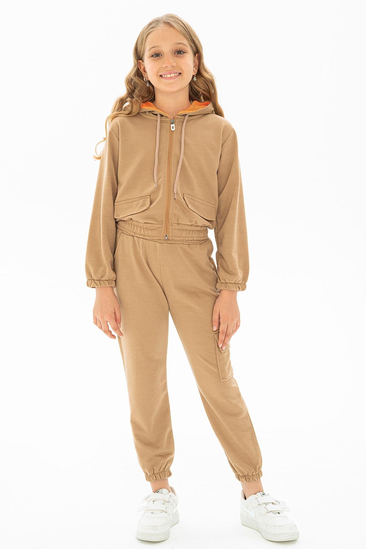 Kapüşonlu Uzun Kol Kahverengi Renk Kız Çocuk Esofman Takım