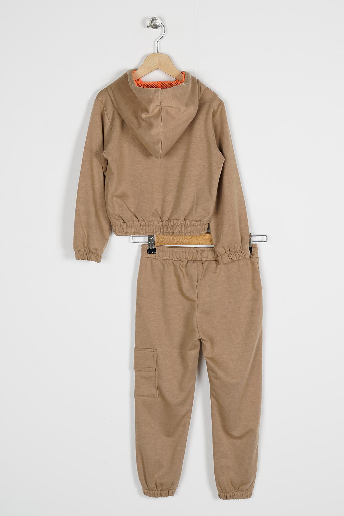 Kapüşonlu Uzun Kol Kahverengi Renk Kız Çocuk Esofman Takım