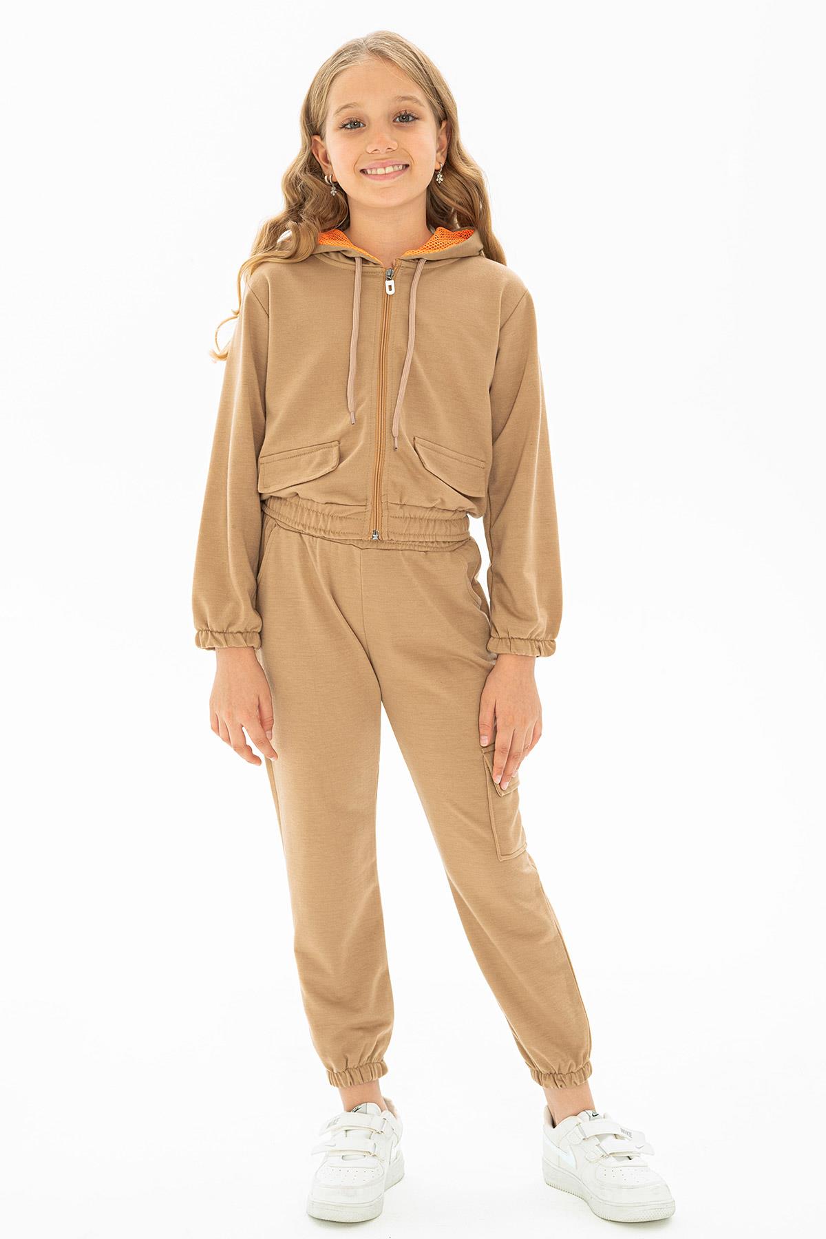 Kapüşonlu Uzun Kol Kahverengi Renk Kız Çocuk Esofman Takım