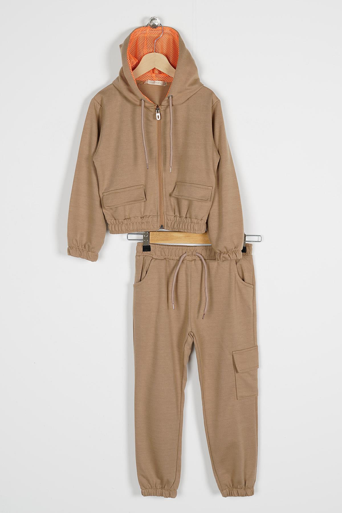 Kapüşonlu Uzun Kol Kahverengi Renk Kız Çocuk Esofman Takım