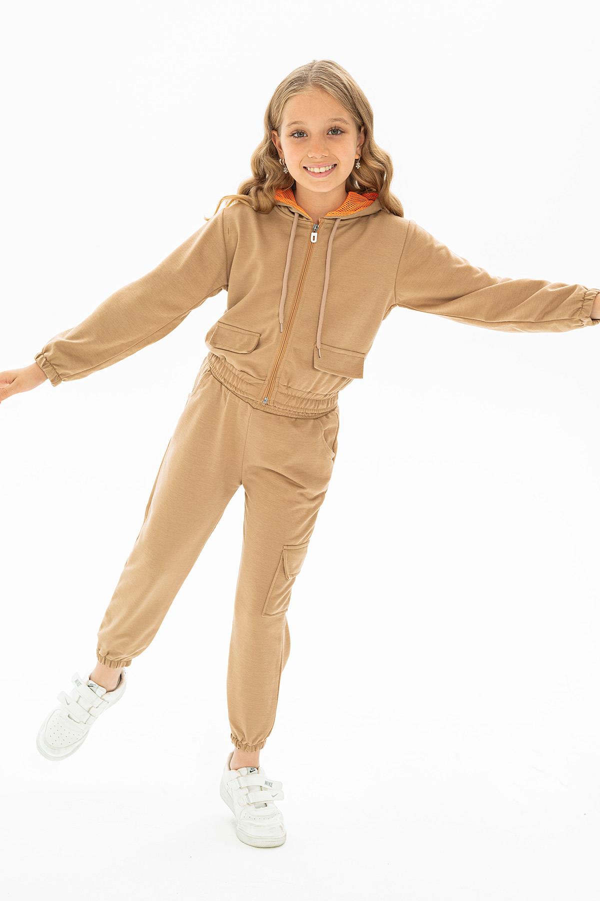 Kapüşonlu Uzun Kol Kahverengi Renk Kız Çocuk Esofman Takım