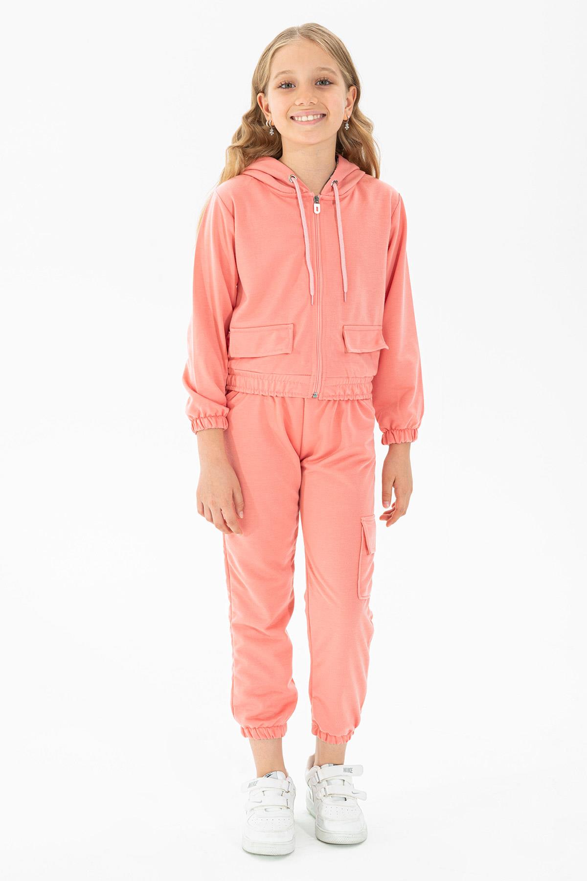 Kapüşonlu Uzun Kol Pudra Renk Kız Çocuk Esofman Takım