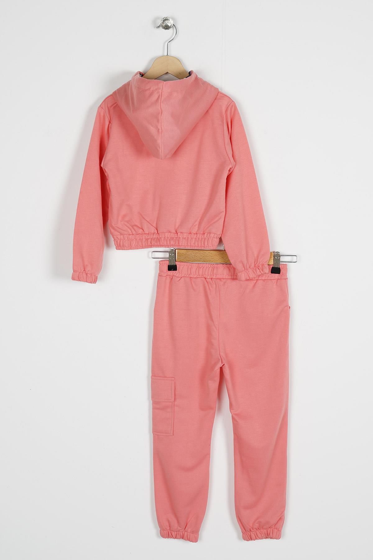 Kapüşonlu Uzun Kol Pudra Renk Kız Çocuk Esofman Takım