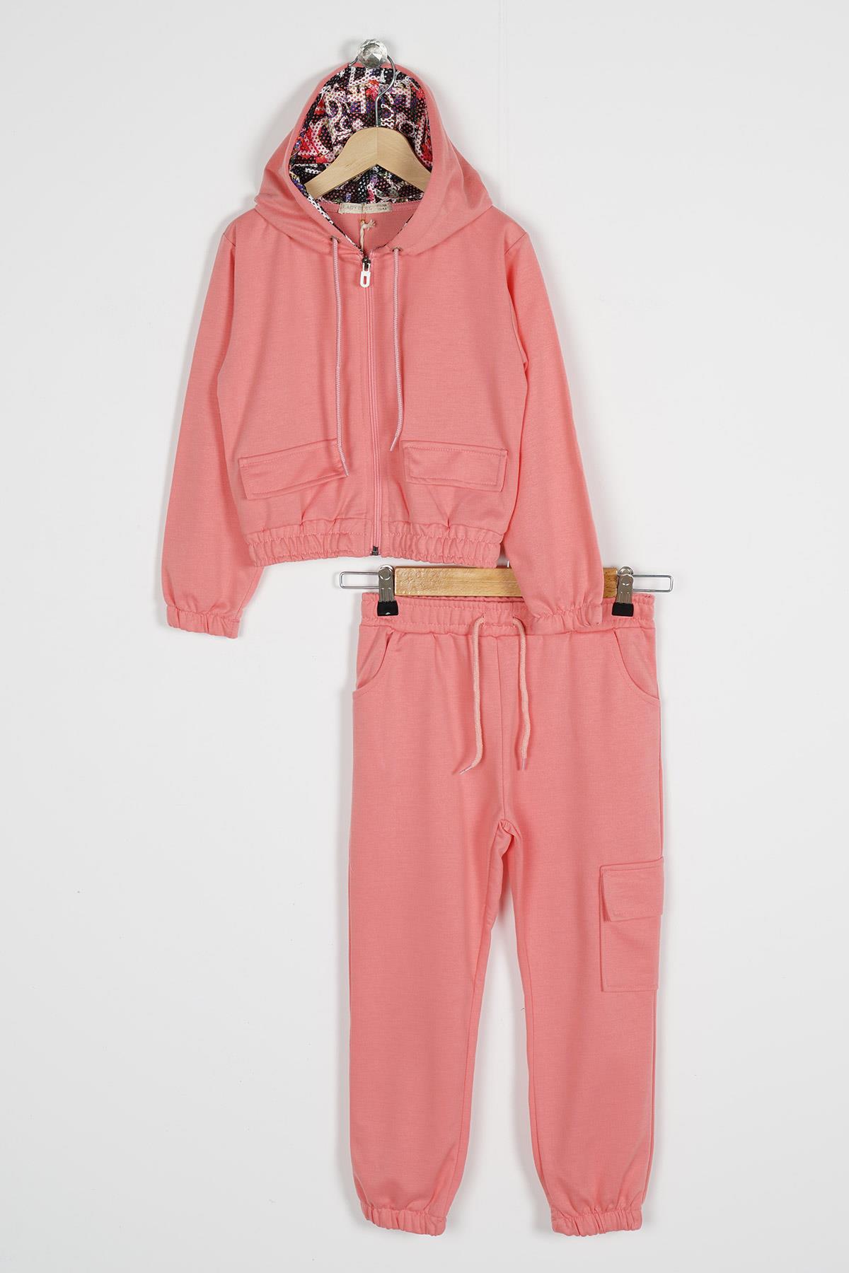 Kapüşonlu Uzun Kol Pudra Renk Kız Çocuk Esofman Takım