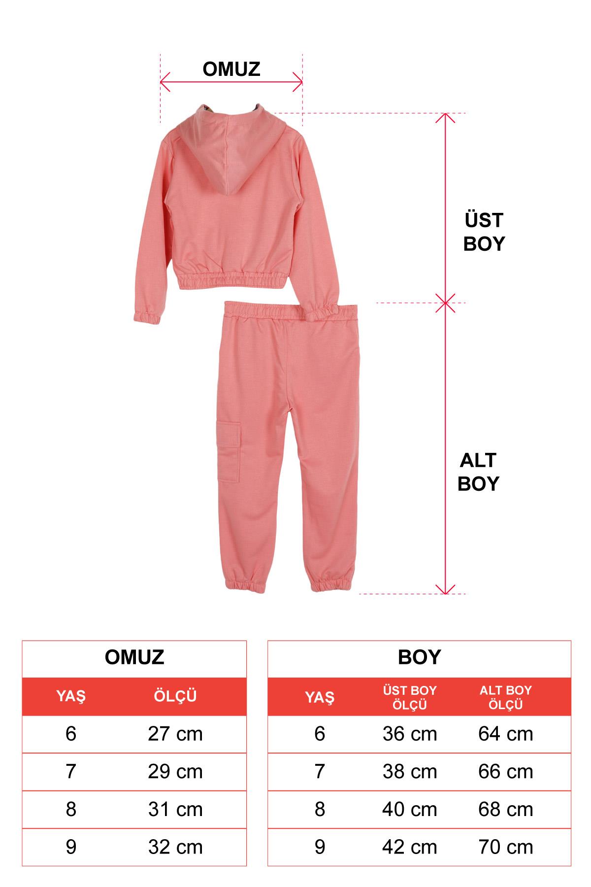 Kapüşonlu Uzun Kol Pudra Renk Kız Çocuk Esofman Takım