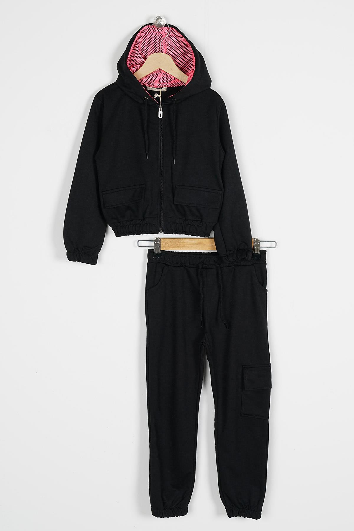 Kapüşonlu Uzun Kol Siyah Renk Kız Çocuk Esofman Takım