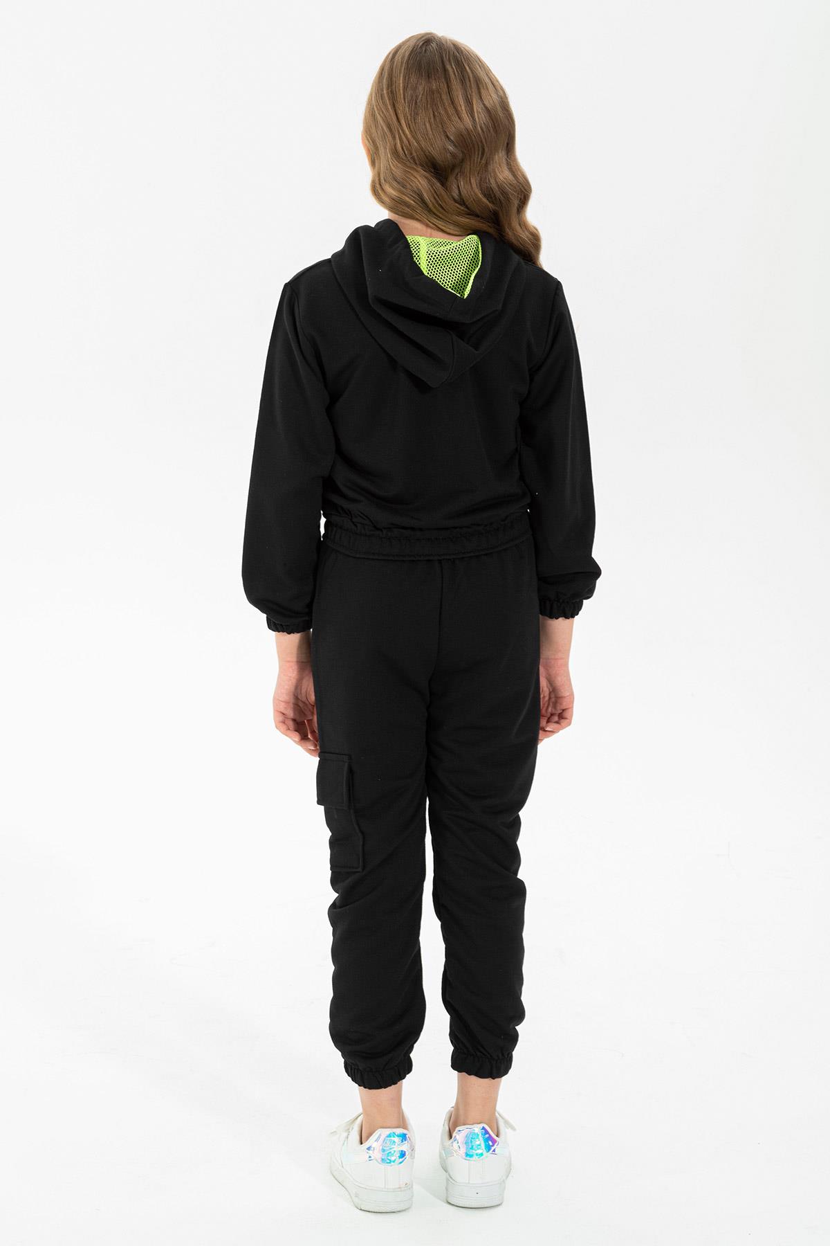 Kapüşonlu Uzun Kol Siyah Renk Kız Çocuk Esofman Takım