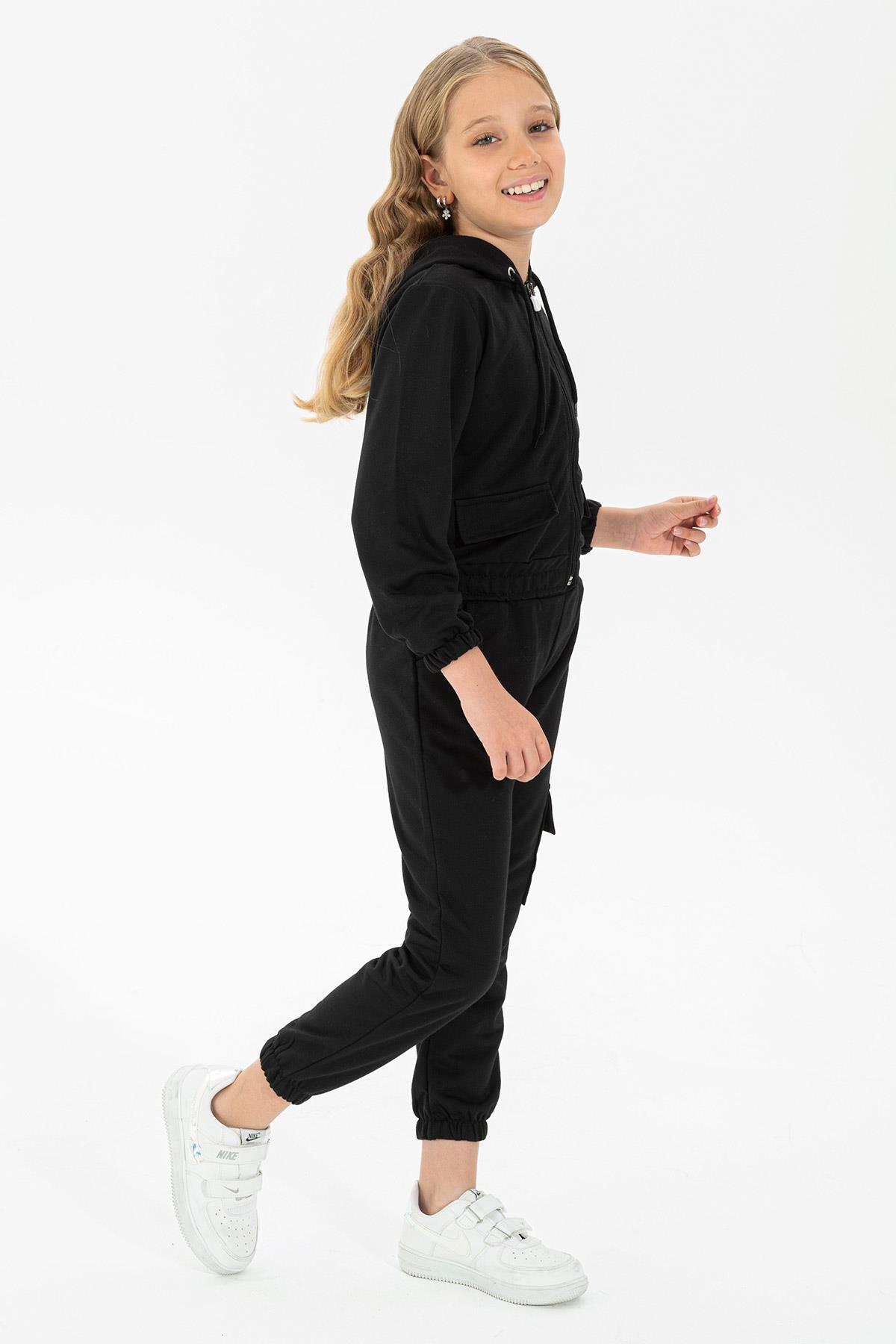 Kapüşonlu Uzun Kol Siyah Renk Kız Çocuk Esofman Takım