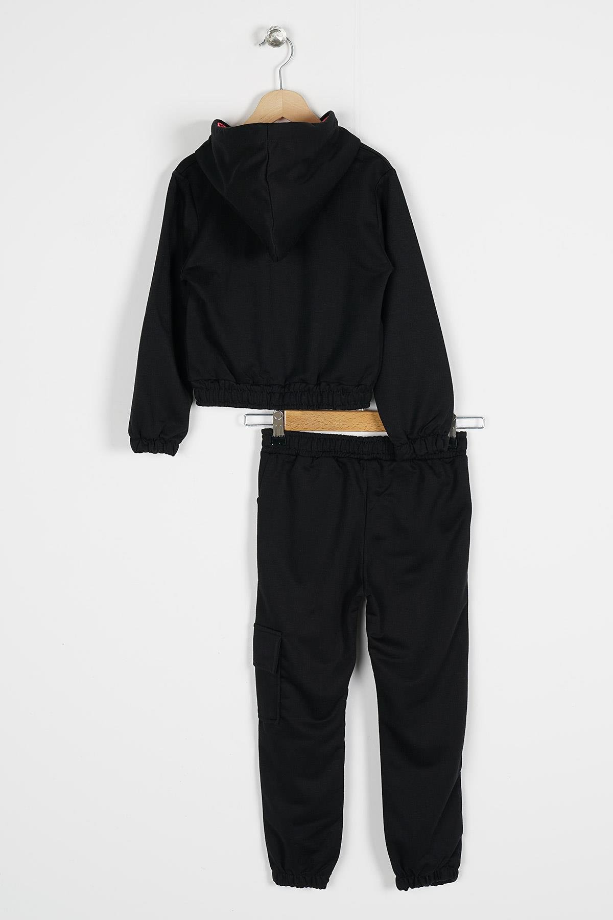 Kapüşonlu Uzun Kol Siyah Renk Kız Çocuk Esofman Takım