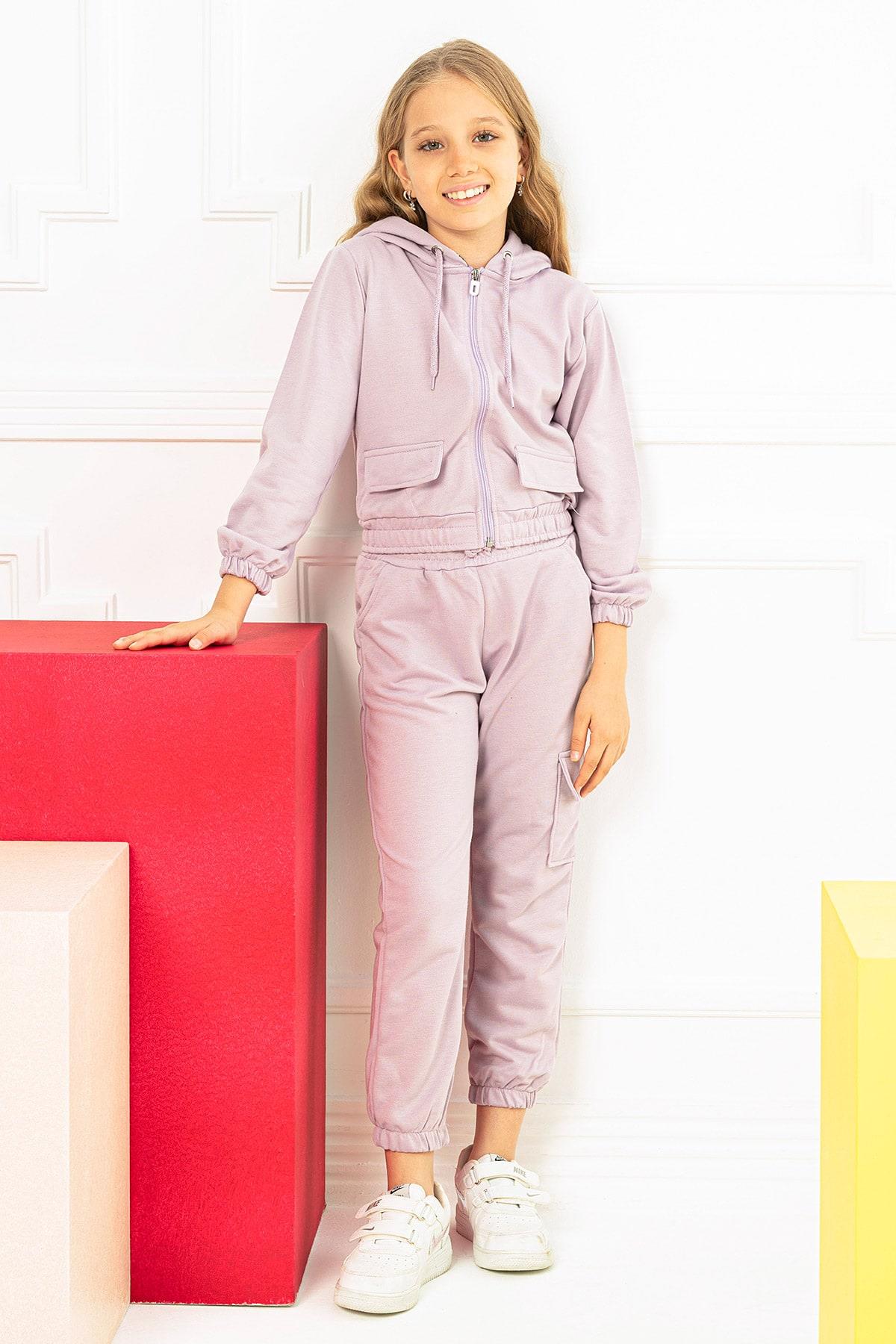 Kız 6-9 Yaş Kapüşonlu Fermuarlı Eşofman Takımı