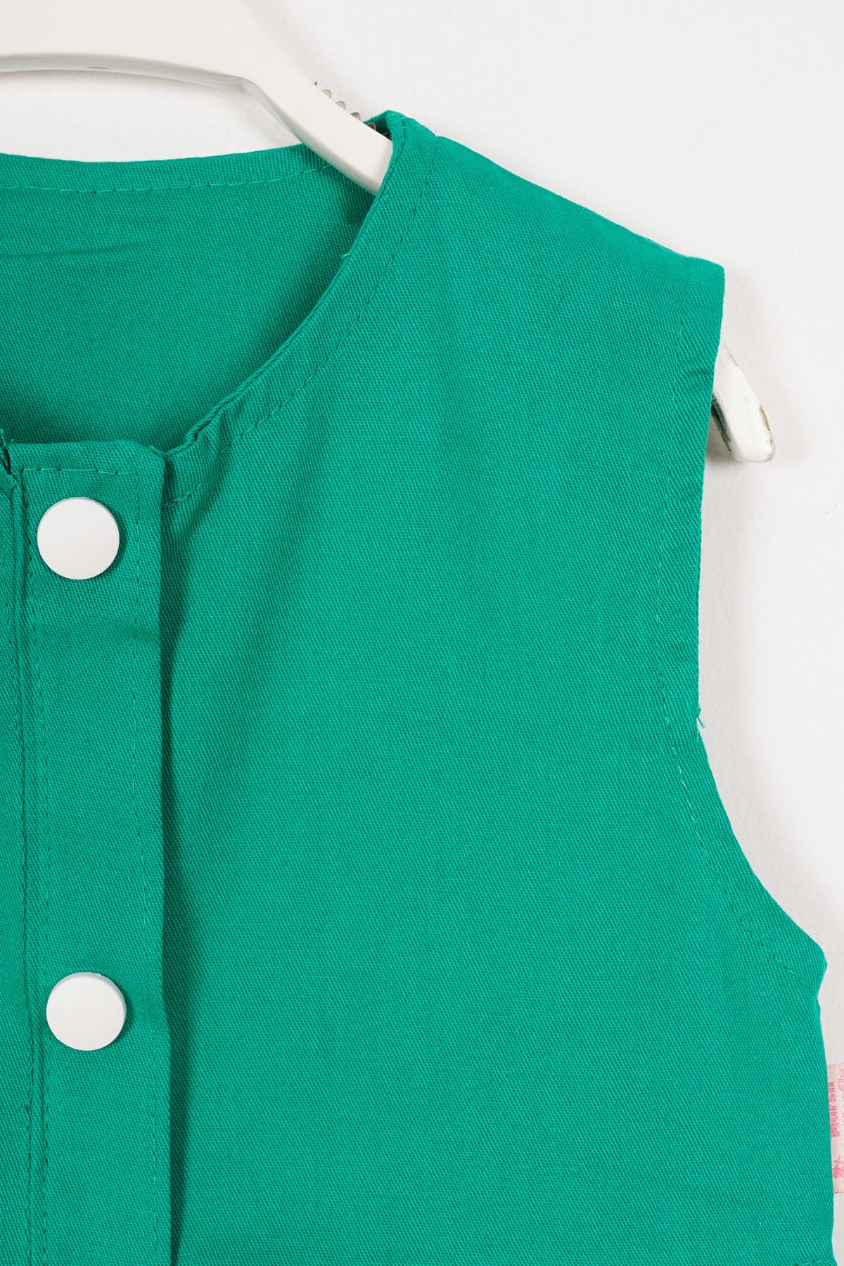 Bisiklet Yaka Sıfır Kol Omuz Baglamalı Cıtcıt Dugmelı Sapkalı Yeşil Renk Kız Çocuk Elbıse