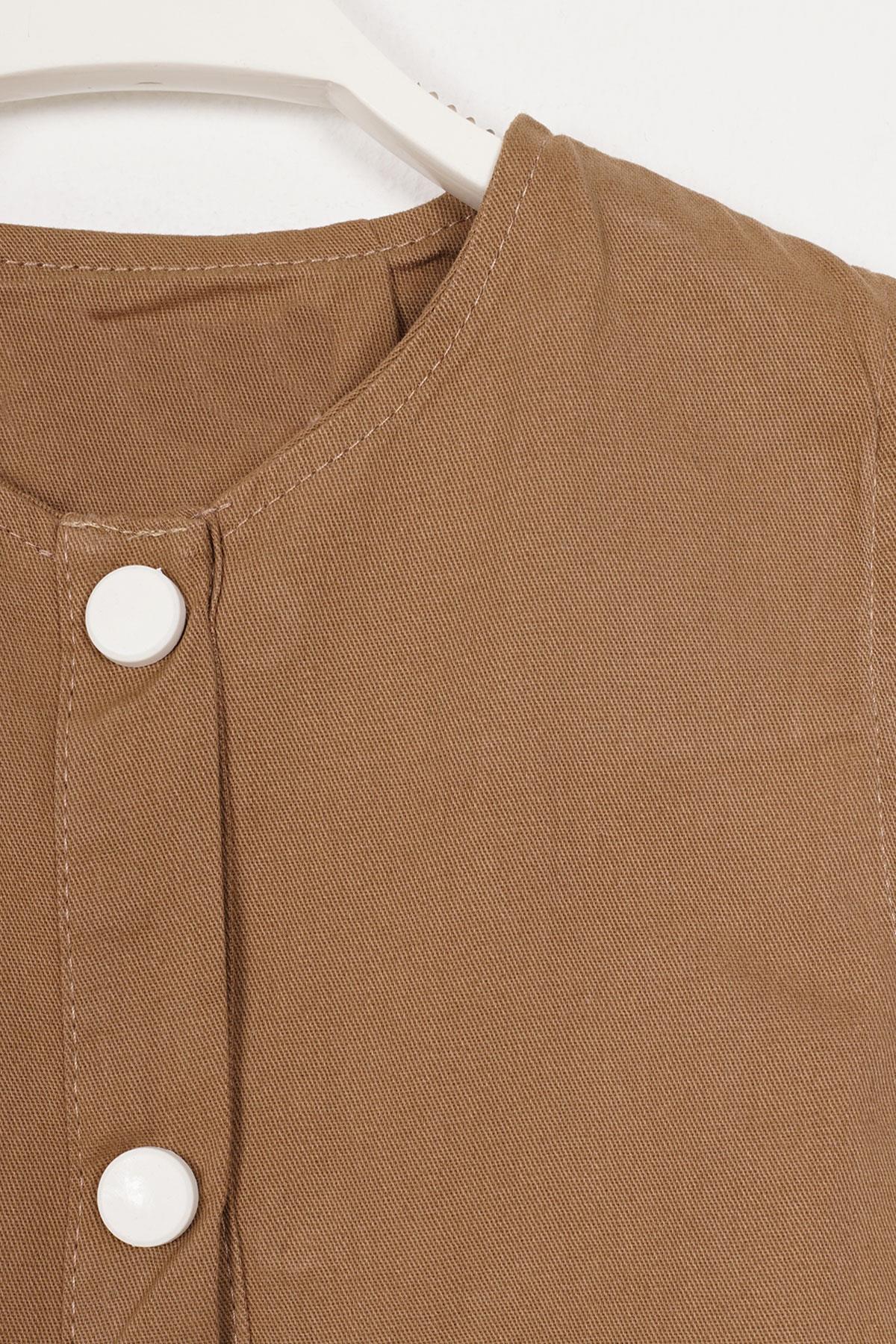 Bisiklet Yaka Sıfır Kol Omuz Baglamalı Cıtcıt Dugmelı Sapkalı Kahverengi Renk Kız Çocuk Elbıse