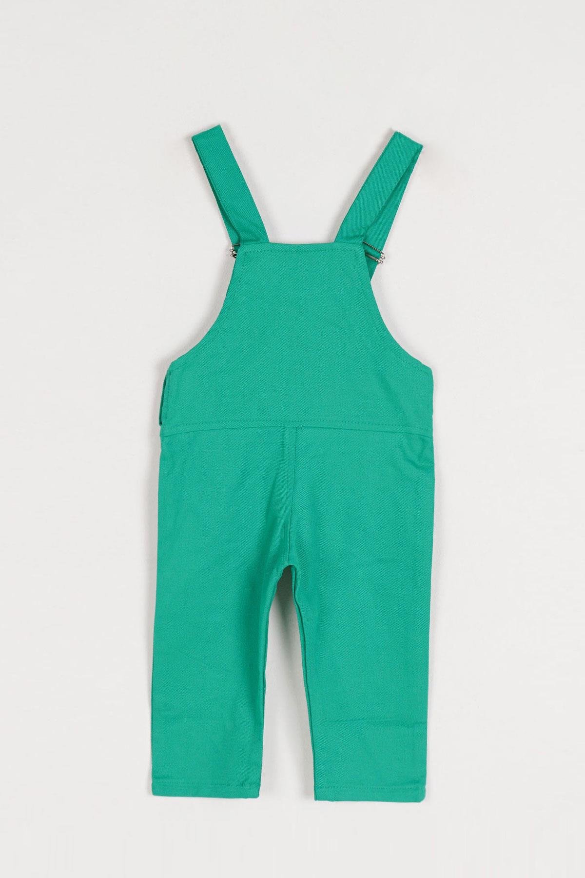 Kare Yaka Sıfır Kol Kopek Baskılı Patı Detaylı Dugmelı Koyu Yeşil Renk Erkek Çocuk Salopet