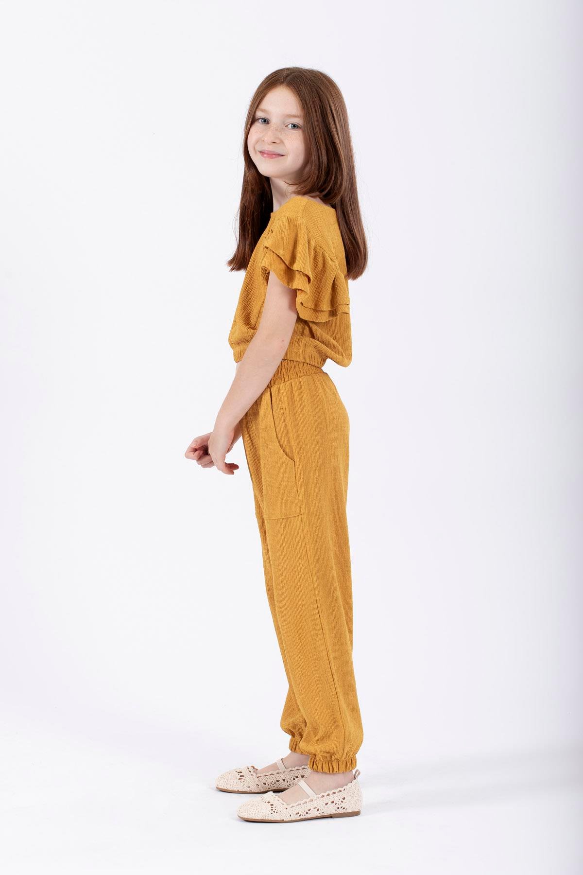 Bisiklet Yaka Fırfır Kol Kol Kenarları Fırfırlı Bel Paca Lastıklı Hardal Renk Kız Cocuk Ikılı Takım