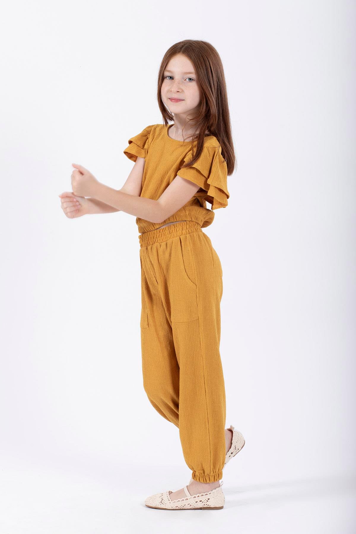 Bisiklet Yaka Fırfır Kol Kol Kenarları Fırfırlı Bel Paca Lastıklı Hardal Renk Kız Cocuk Ikılı Takım