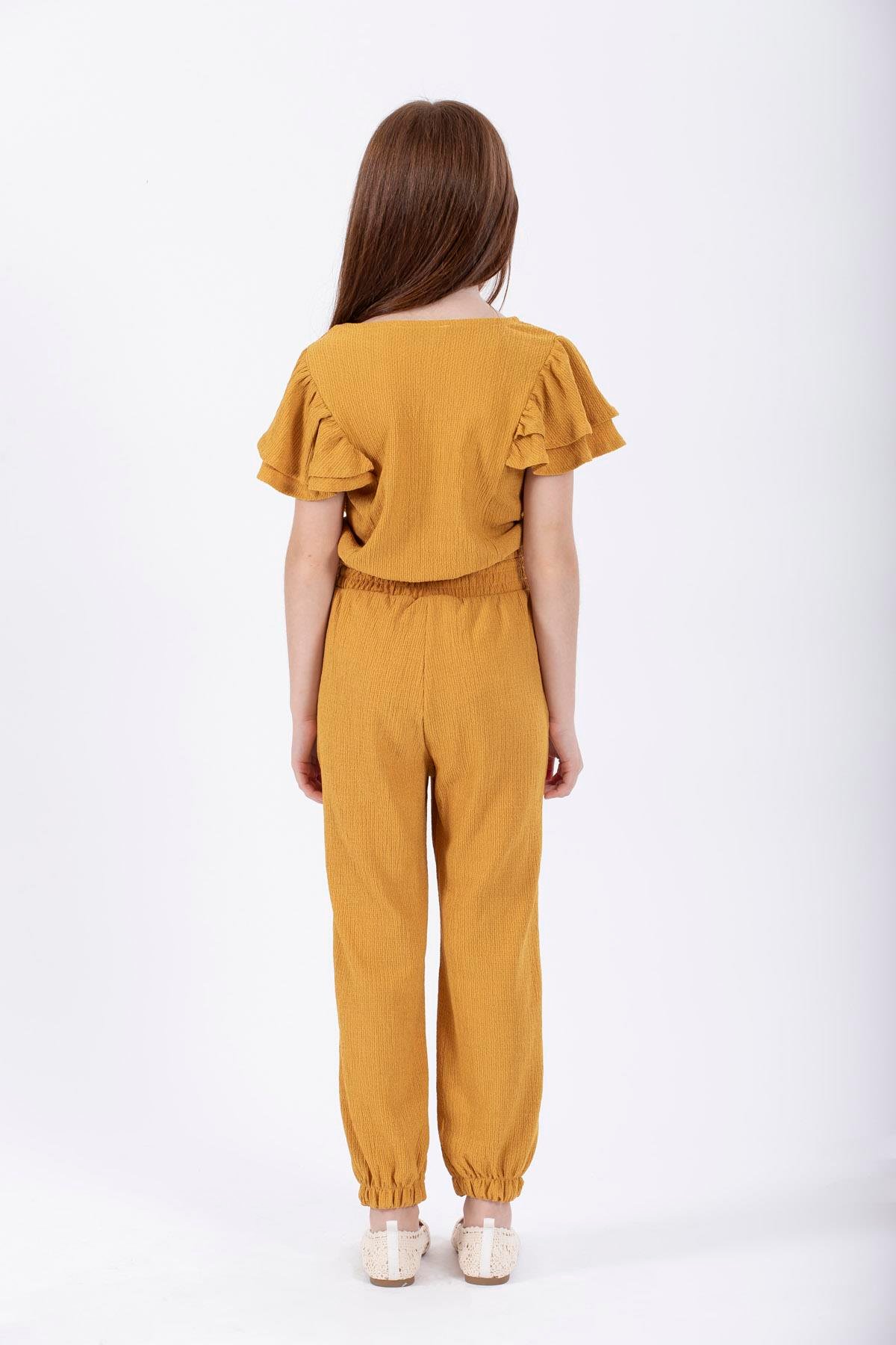 Bisiklet Yaka Fırfır Kol Kol Kenarları Fırfırlı Bel Paca Lastıklı Hardal Renk Kız Cocuk Ikılı Takım