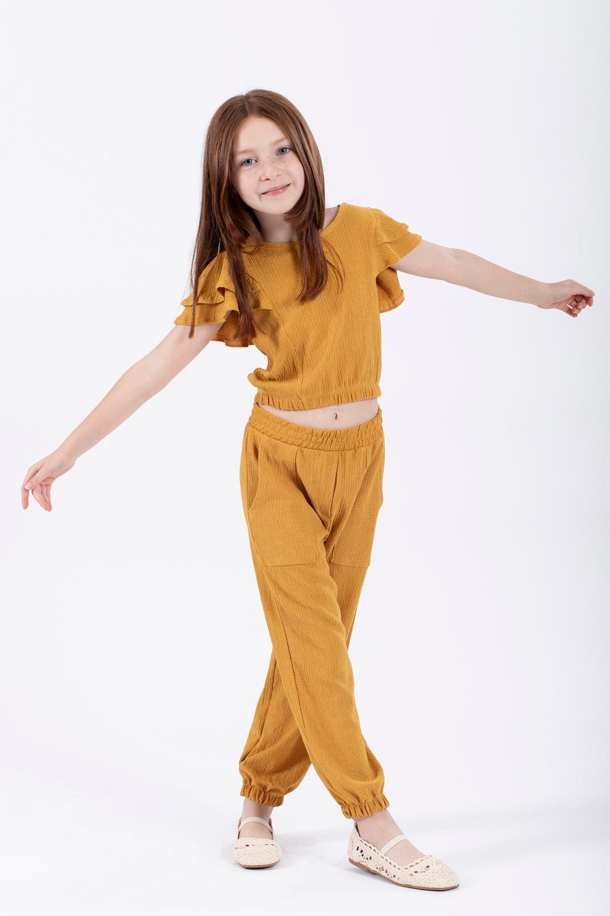 Bisiklet Yaka Fırfır Kol Kol Kenarları Fırfırlı Bel Paca Lastıklı Hardal Renk Kız Cocuk Ikılı Takım