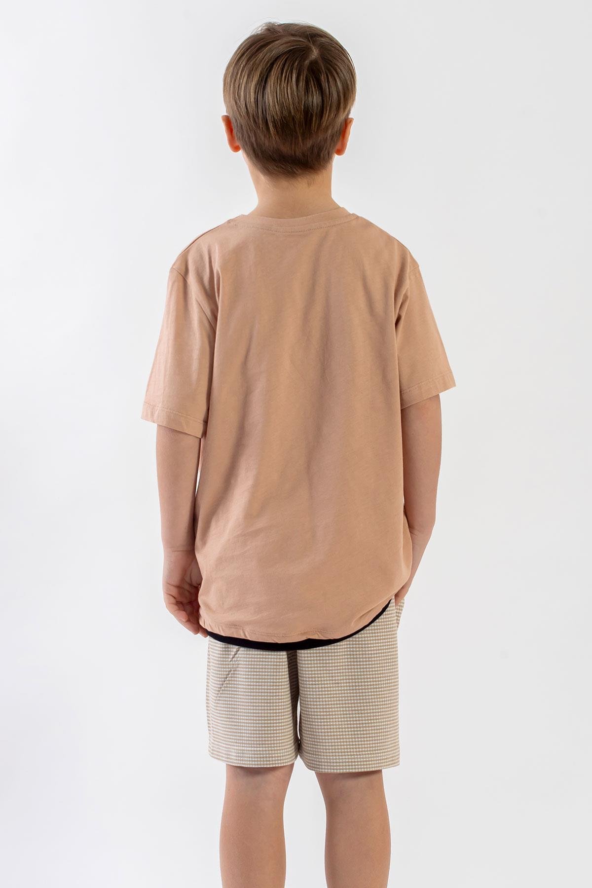 Bisiklet Yaka Kısa Kol Bej Renk Erkek Cocuk Sortlu Takım