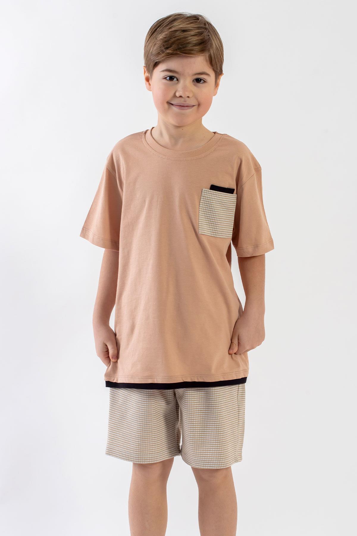 Bisiklet Yaka Kısa Kol Bej Renk Erkek Cocuk Sortlu Takım