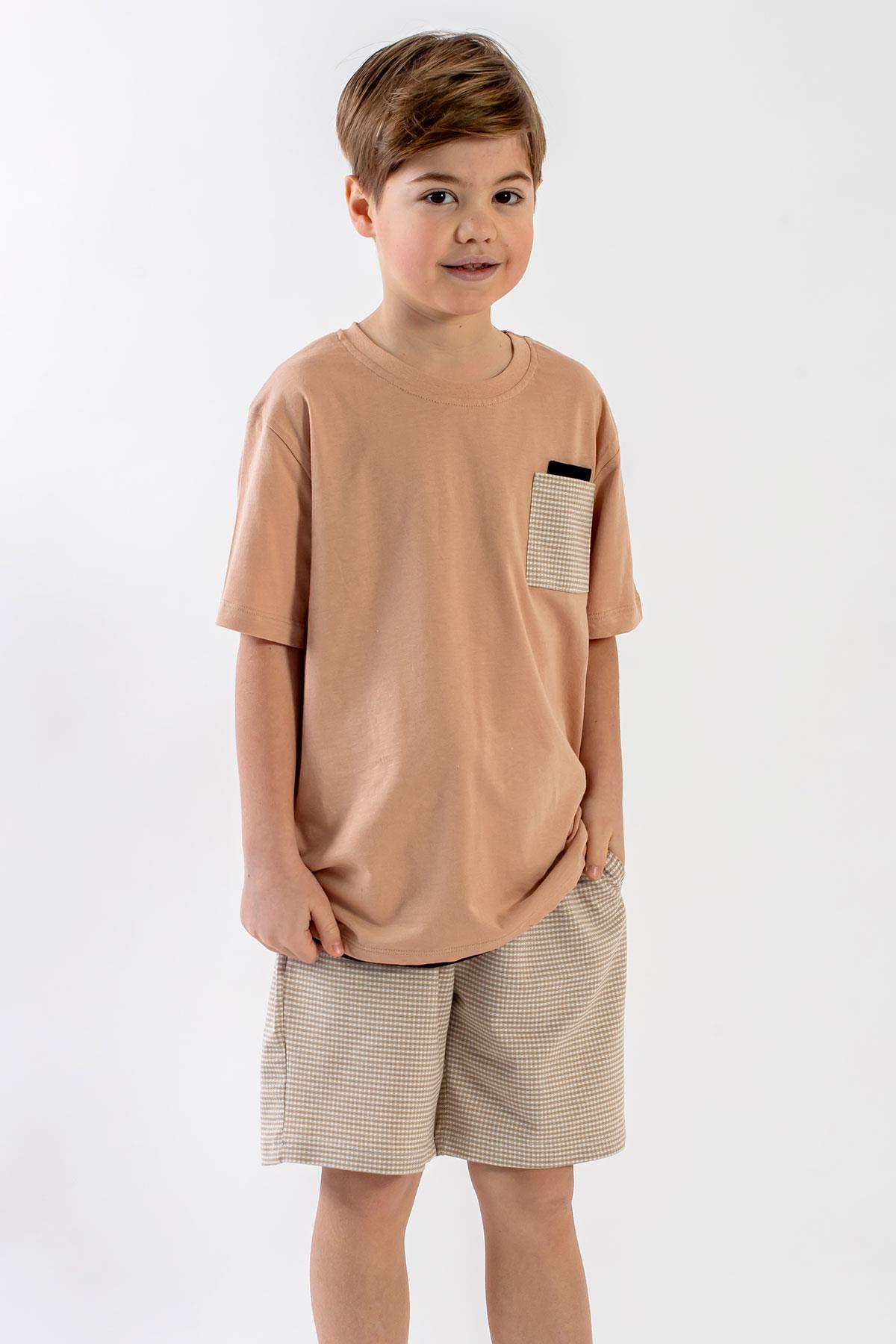 Bisiklet Yaka Kısa Kol Bej Renk Erkek Cocuk Sortlu Takım